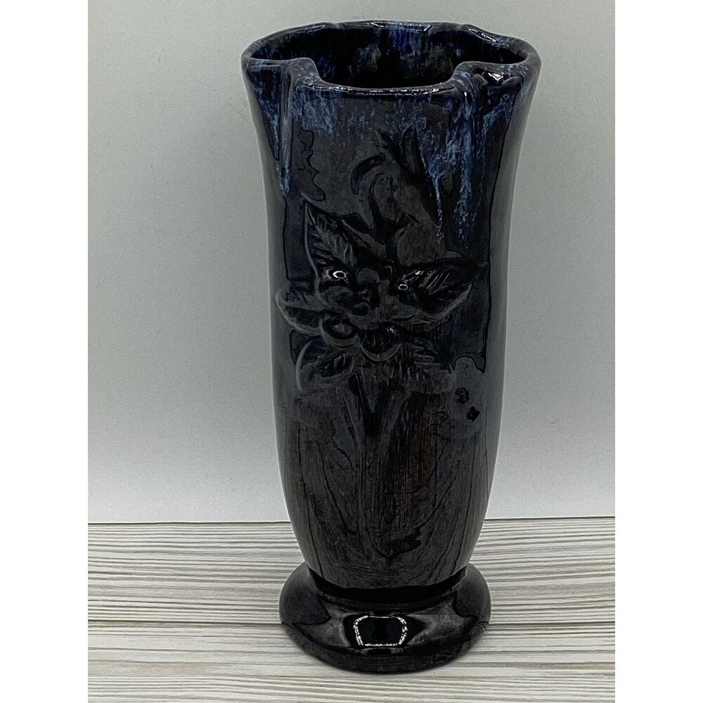 Vintage Van Briggle Rare 8" Black And Navy High Gloss Vase